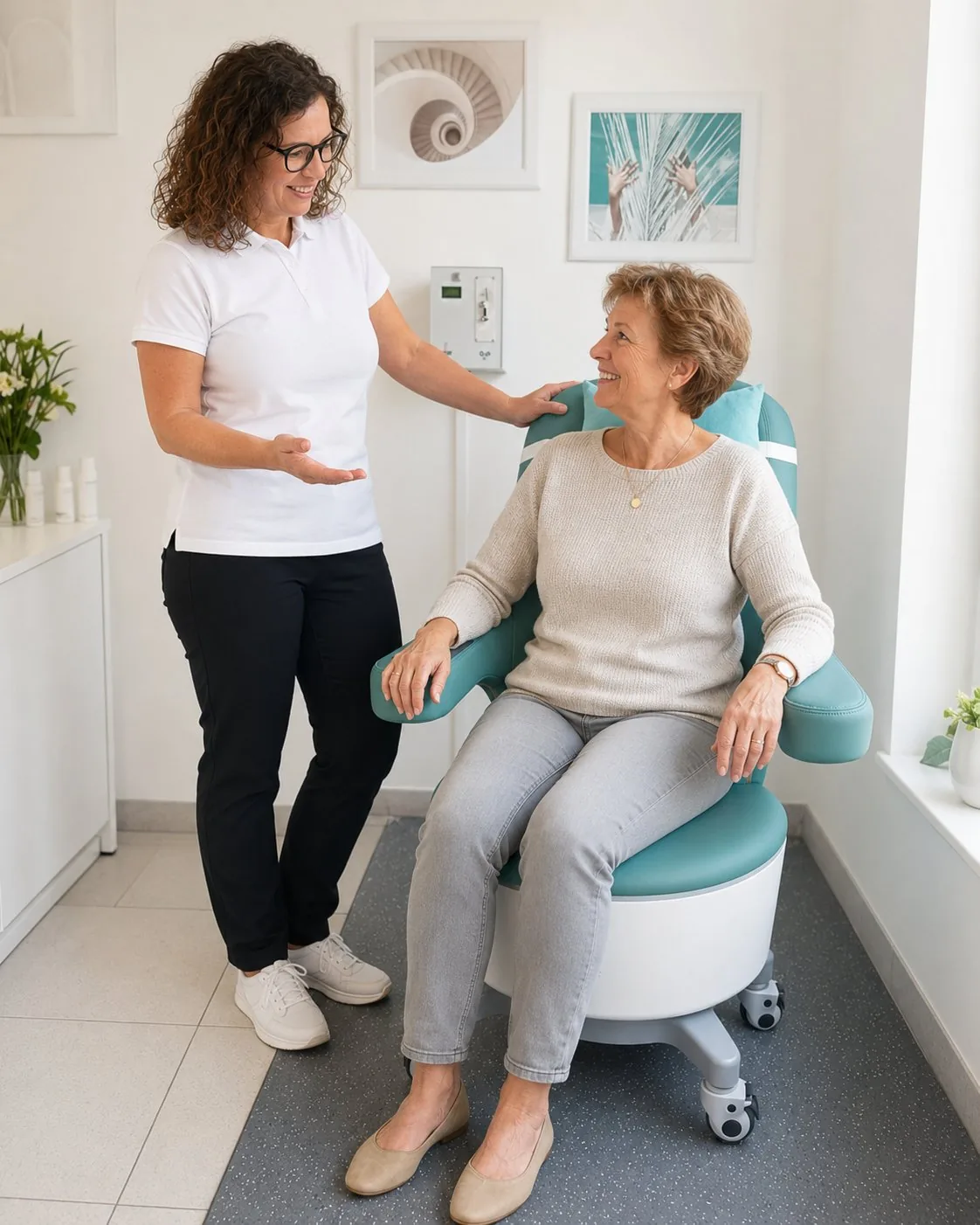 Margit Gartner begleitet eine Kundin am NexaCore-Stuhl im VitalPro Studio Straßwalchen